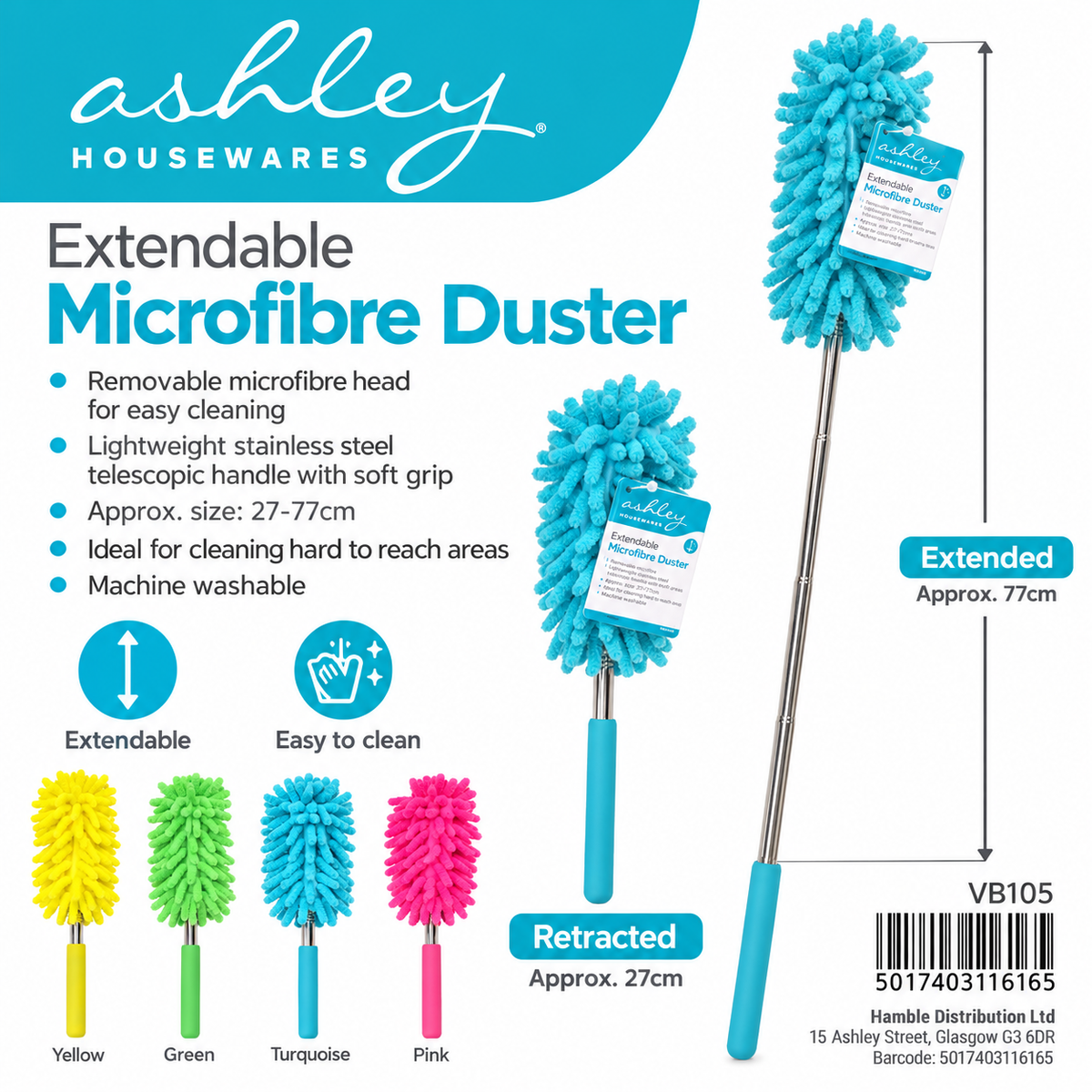 Ashley Housewares Extendable Microfibre Duster packaging back view
