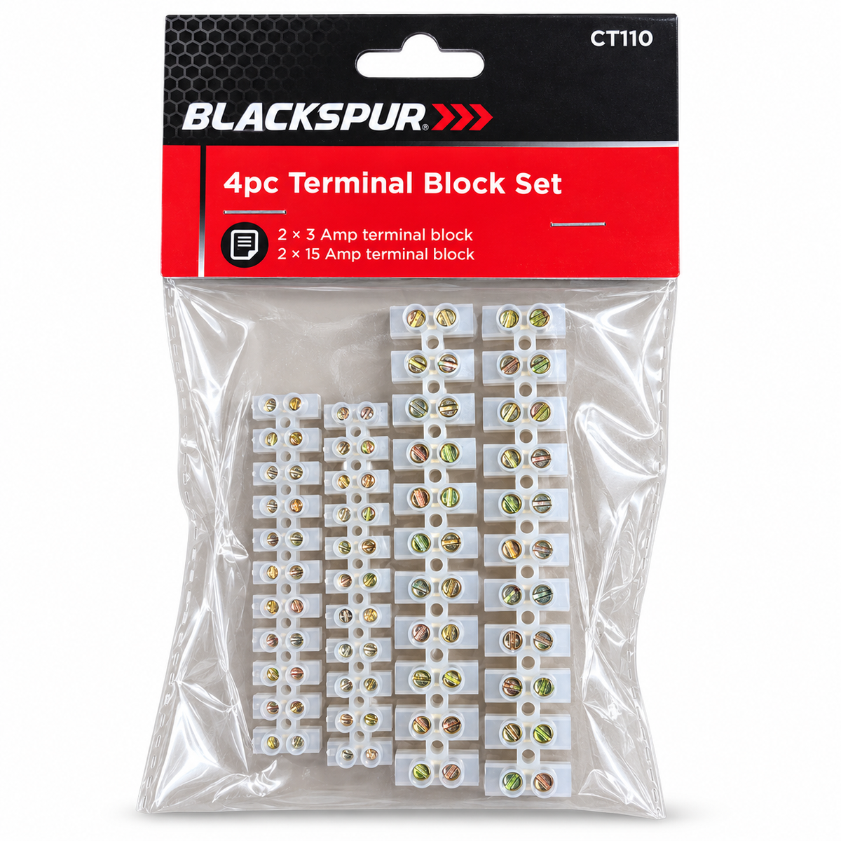 Front view of Blackspur 4pc Terminal Block Set packaging