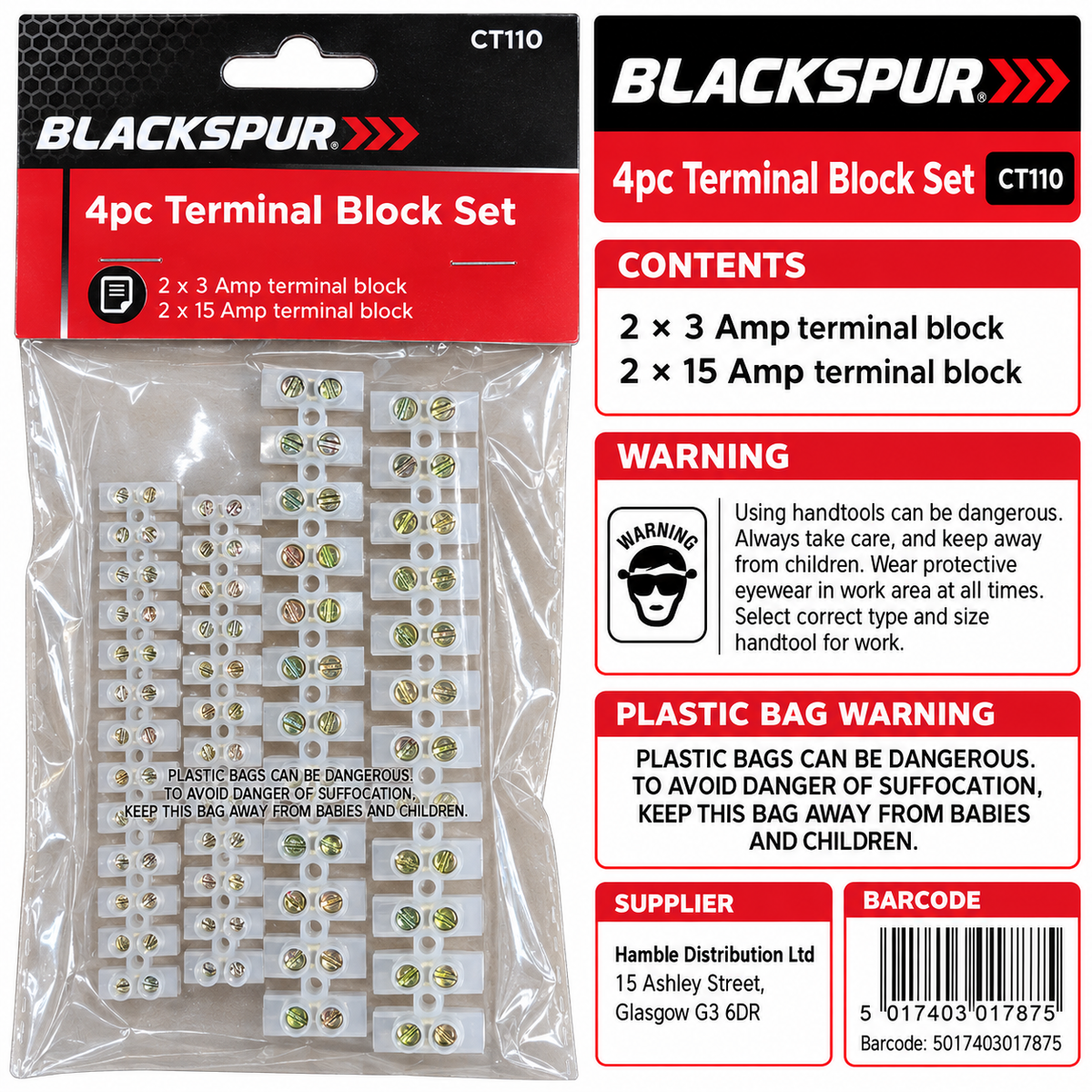 Back view of Blackspur 4pc Terminal Block Set packaging with safety instructions