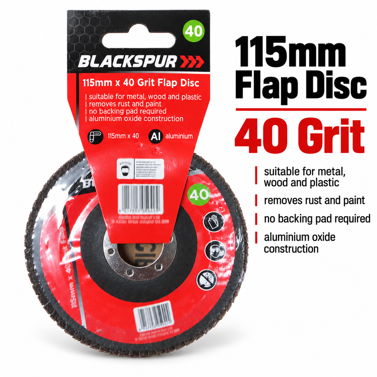 Blackspur 115mm x 40 Grit Flap Disc packaging front view