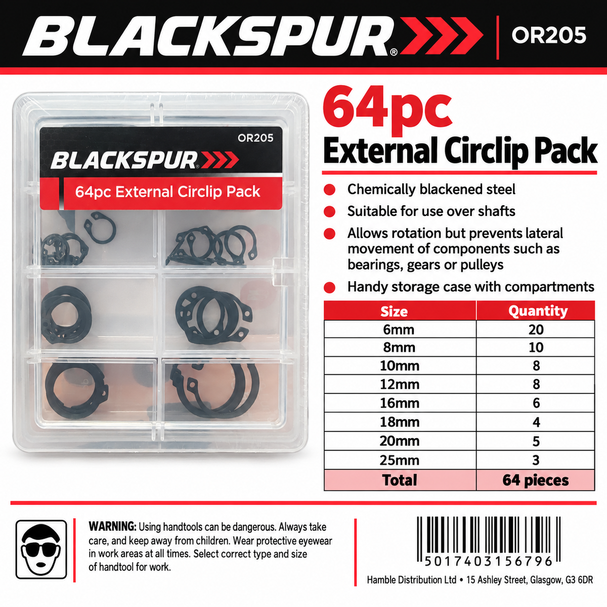 Rear view of Blackspur 64pc External Circlip Pack packaging with specifications