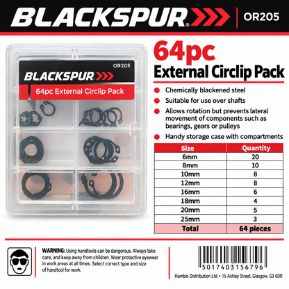 Rear view of Blackspur 64pc External Circlip Pack packaging with specifications