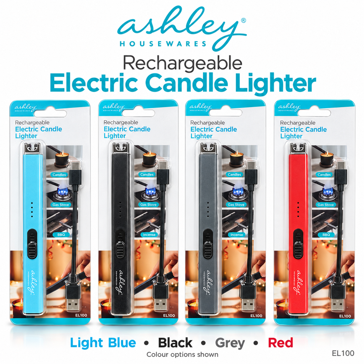 Ashley Rechargeable Electric Candle Lighter in Light Blue, Black, Grey, and Red packaging