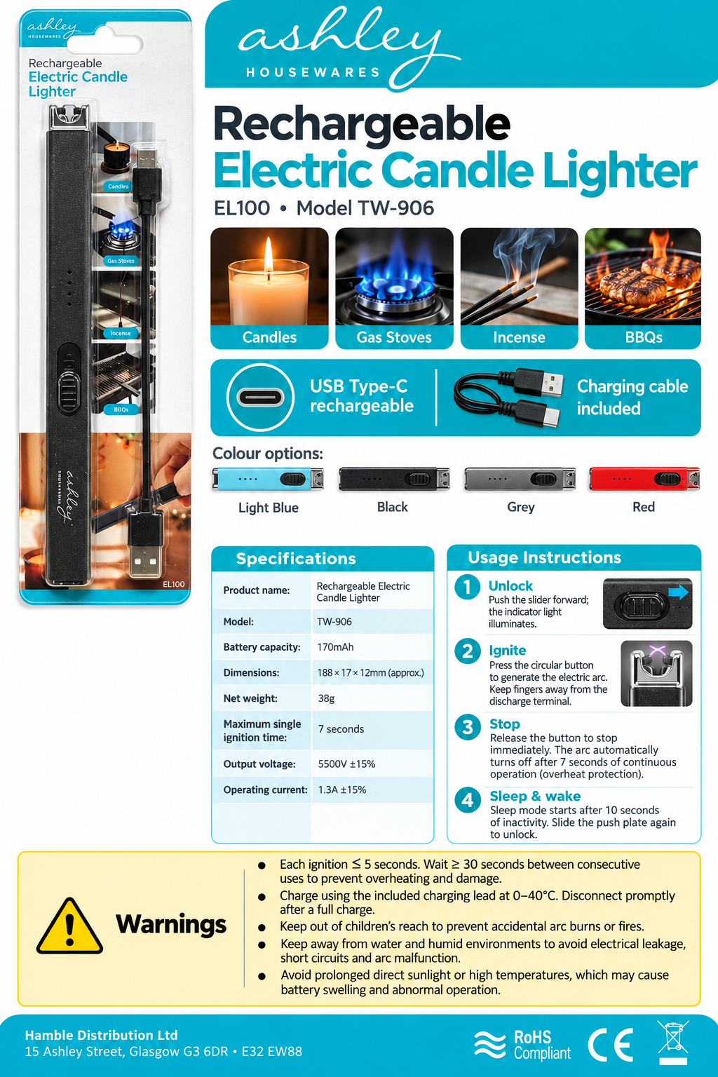 Back packaging of Ashley Rechargeable Electric Candle Lighter TW-906 with specifications and safety warnings
