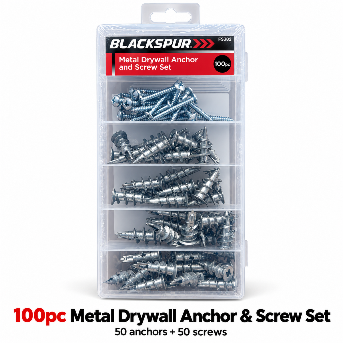 Blackspur 100pc Metal Drywall Anchor and Screw Set packaging