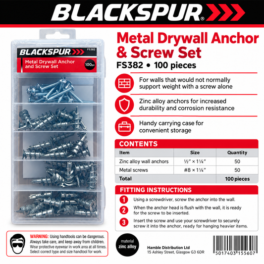 Back of Blackspur Metal Drywall Anchor and Screw Set FS382 showing details and instructions