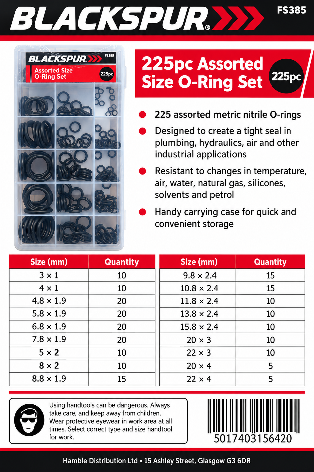 Back of Blackspur O-ring set packaging showing details