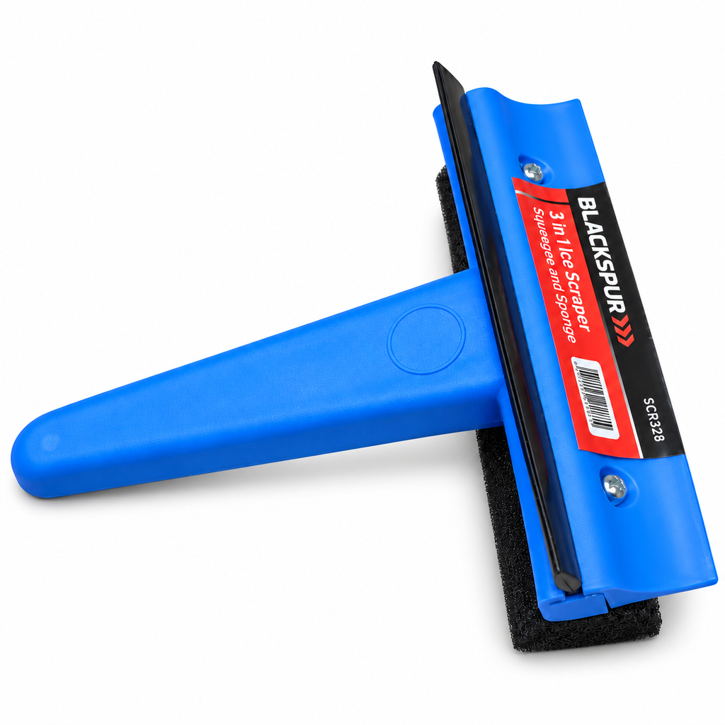 Blackspur blue 3 in 1 ice scraper with squeegee and sponge