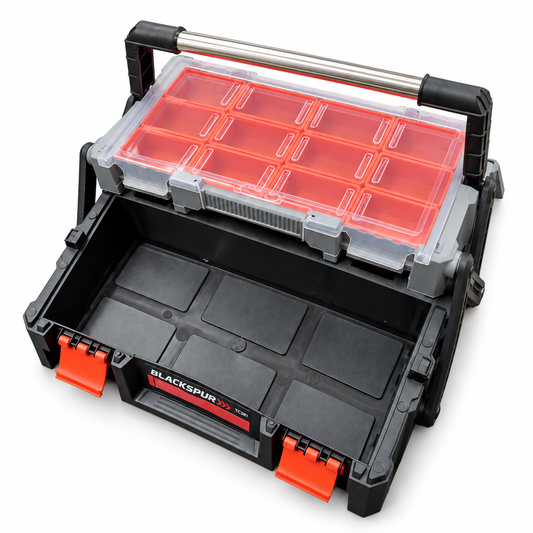 Blackspur Cantilever Storage Toolbox TC381 showing dimensions and features
