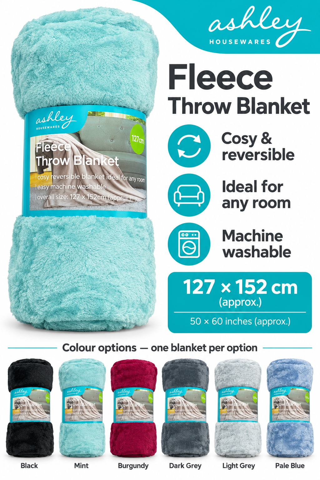Close-up view of a mint coloured Ashley Housewares Fleece Throw Blanket