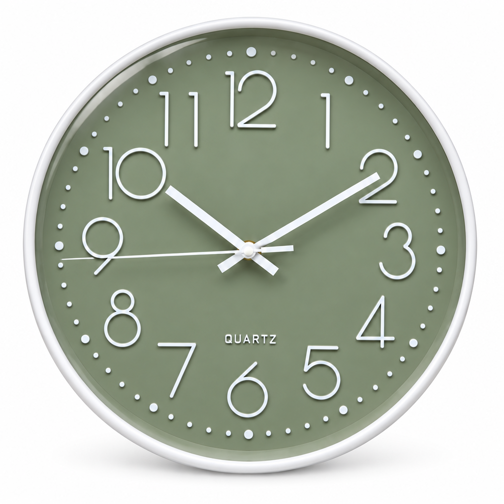 Round green wall clock with white numerals and hands