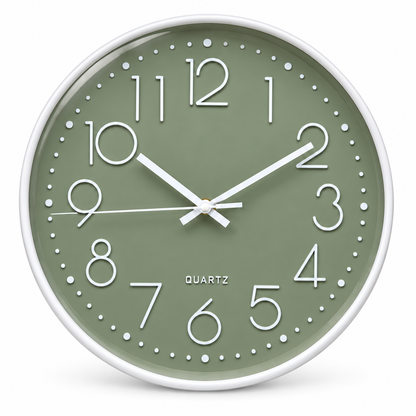 Round green wall clock with white numerals and hands