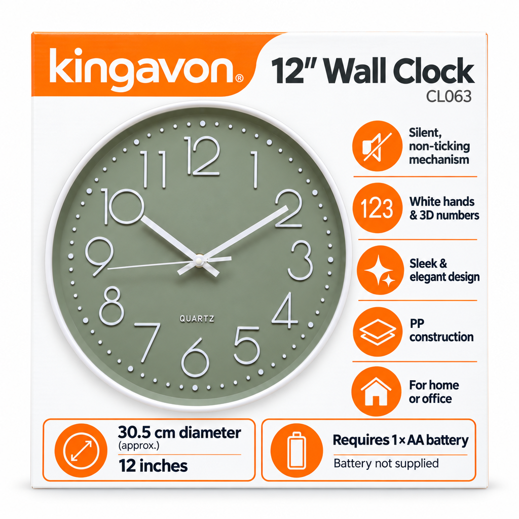 Kingavon wall clock packaging with product features