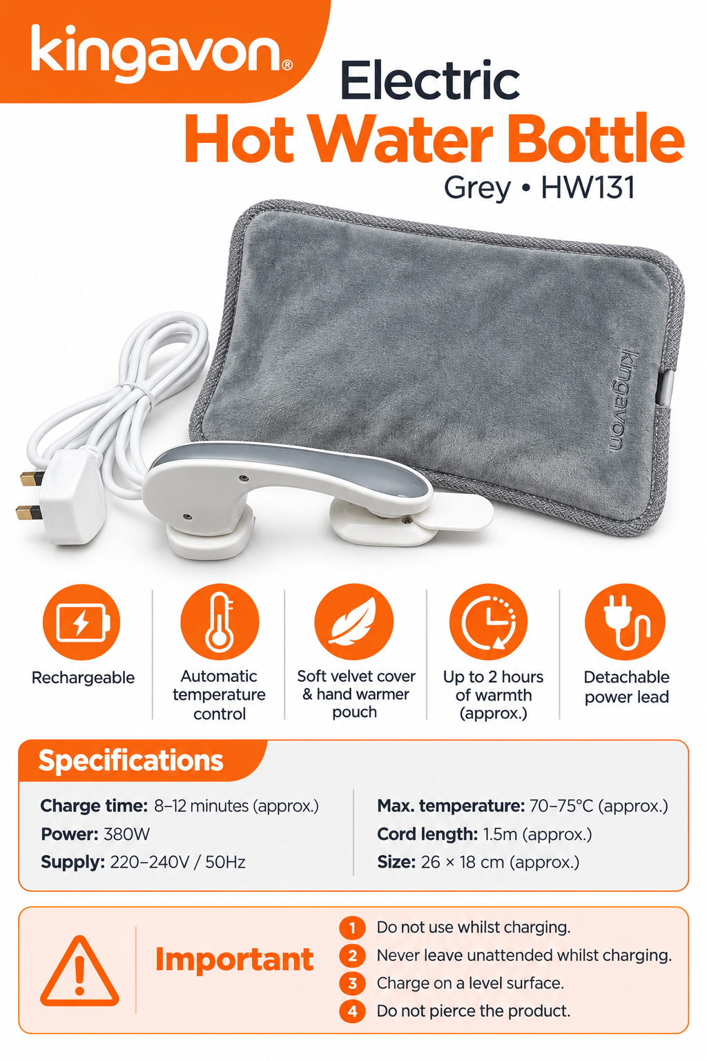 Kingavon Electric Hot Water Bottle Packaging with Specifications