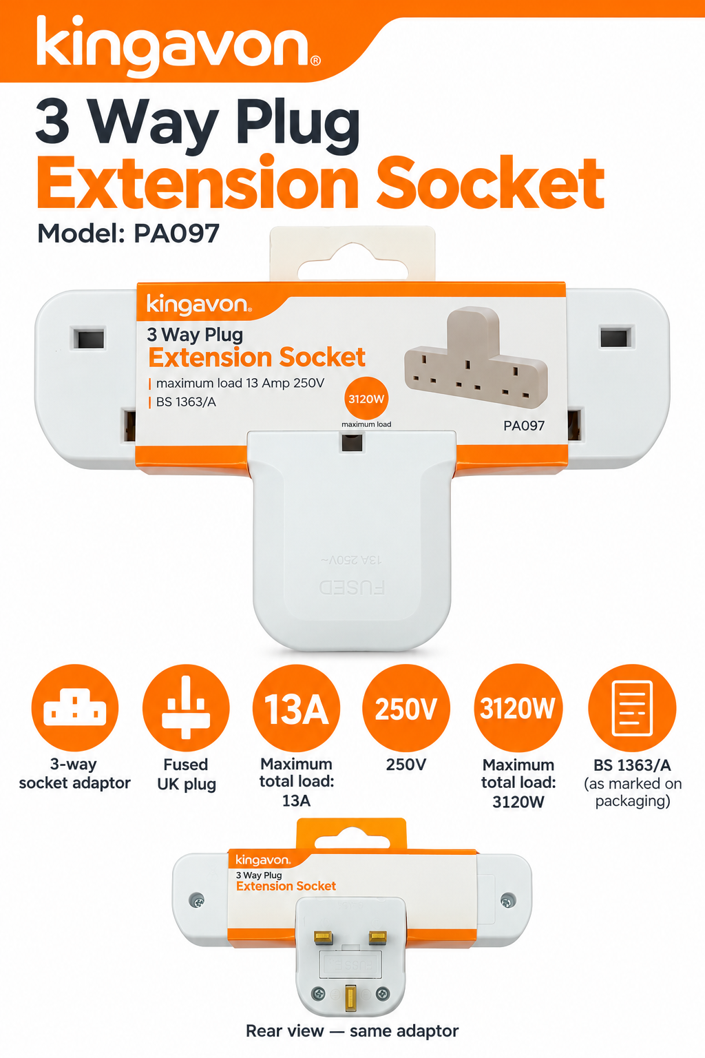Kingavon 3 Way Plug Extension Socket packaging back
