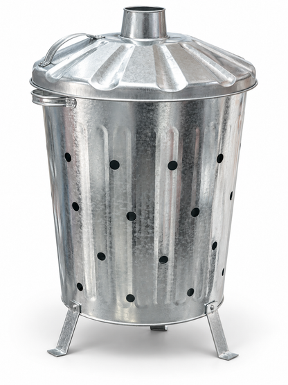 Galvanised metal garden incinerator bin with lid and legs