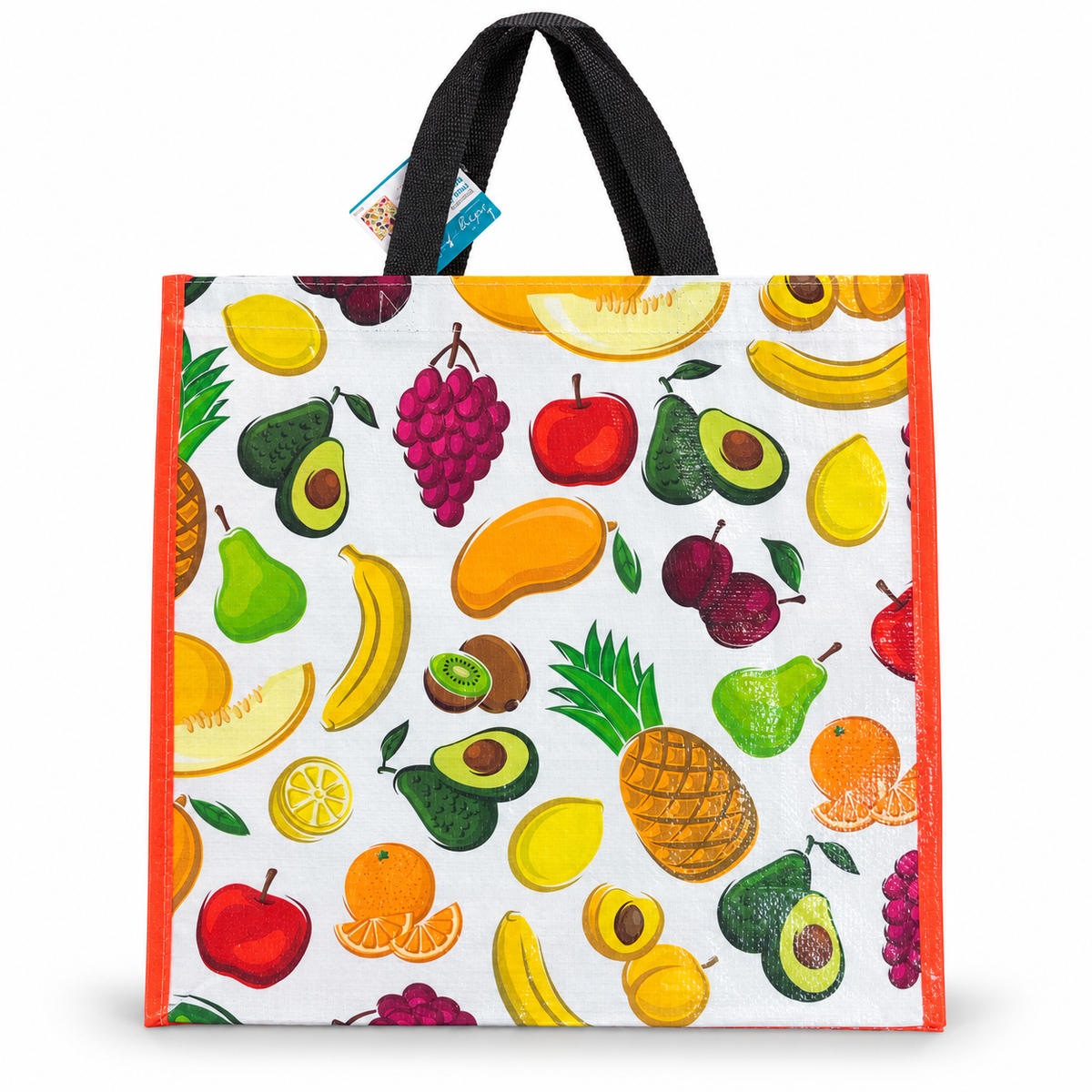 Front view of Ashley Housewares Reusable Fruit Shopping Bag with fruit pattern