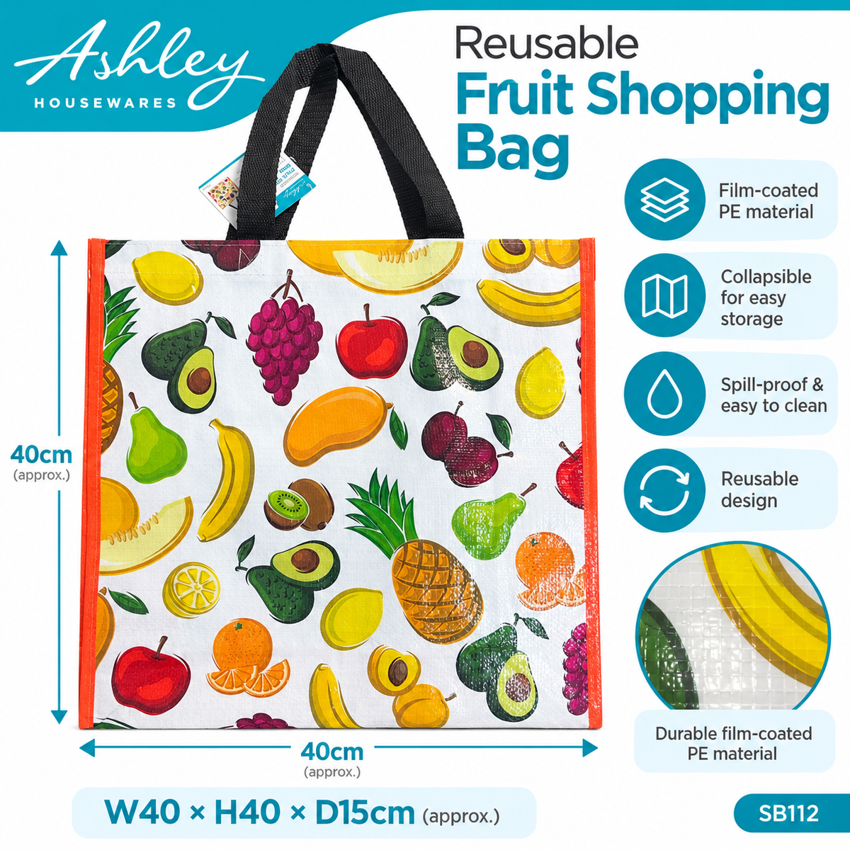 Back view highlighting features of Ashley Housewares Reusable Fruit Shopping Bag
