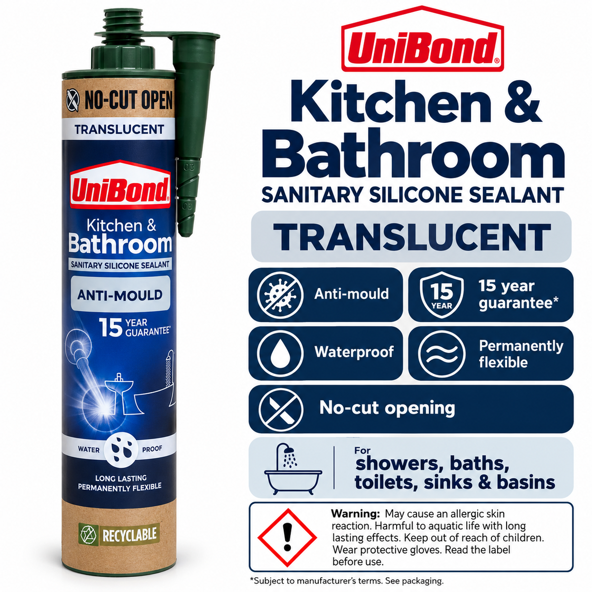 UniBond Kitchen & Bathroom Sanitary Silicone Sealant packaging front view
