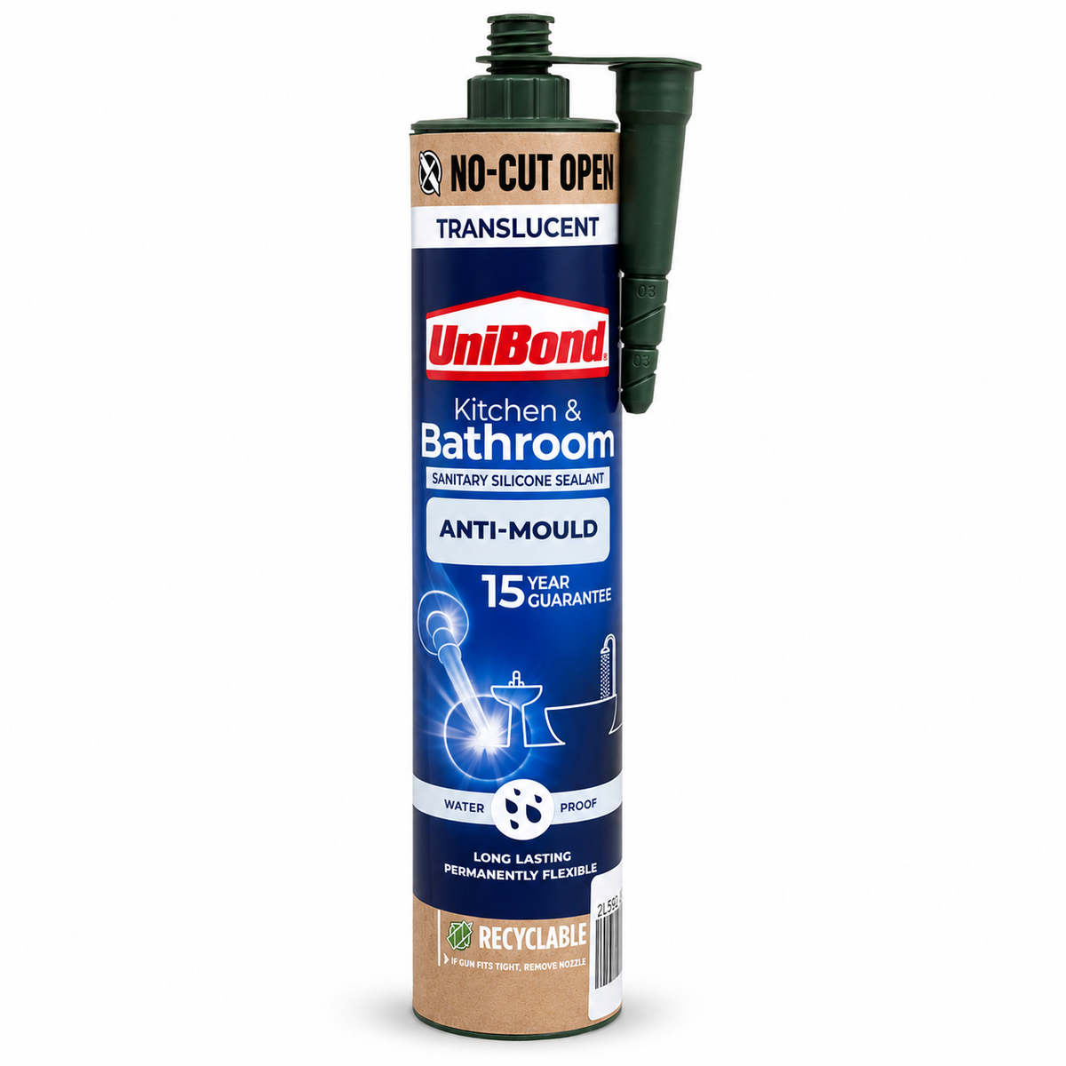 UniBond Kitchen & Bathroom Sanitary Silicone Sealant packaging with cap