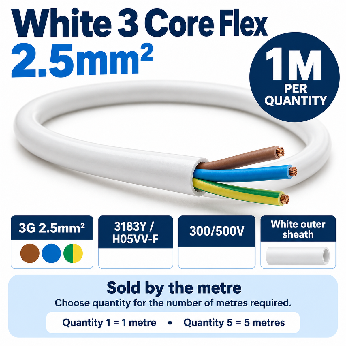 3 core white flex cable detailing with specifications