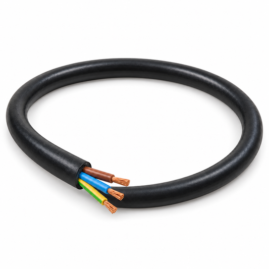 Black electrical cable with visible copper wires