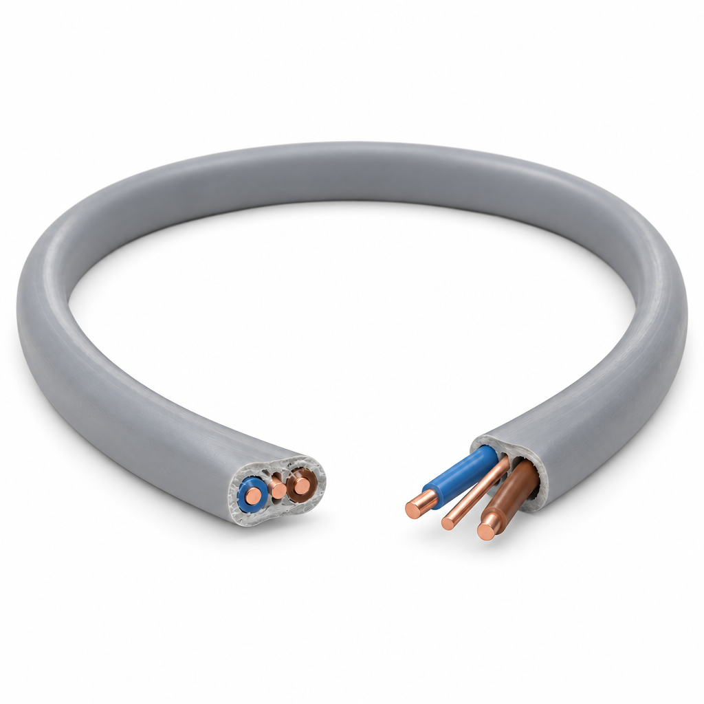 Grey twin and earth cable with visible copper wires