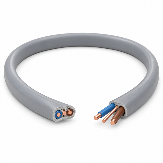 Grey twin and earth cable with visible copper wires
