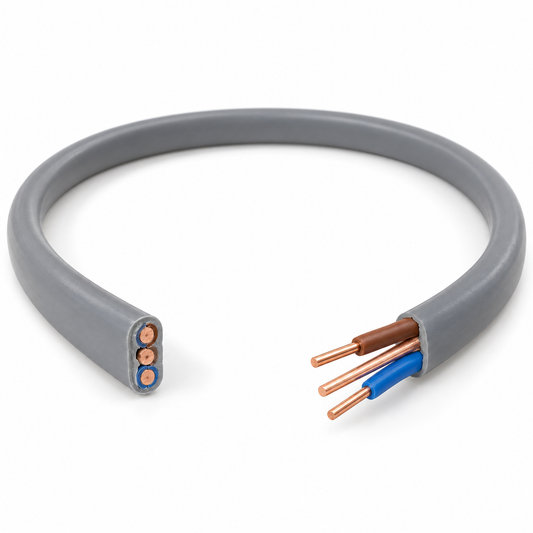 Grey twin and earth cable with copper wires exposed
