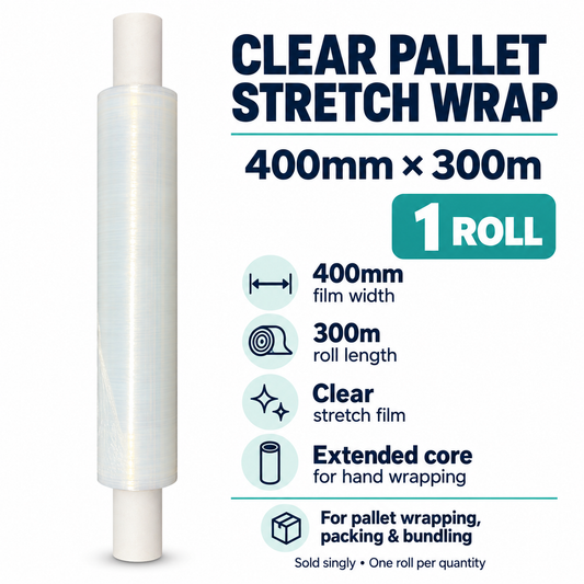 Clear pallet stretch wrap packaging with dimensions and features