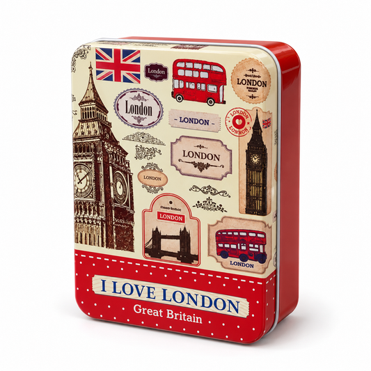 London-themed metal storage tin with iconic designs