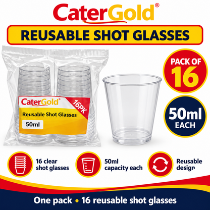 CaterGold Reusable Shot Glasses with packaging details