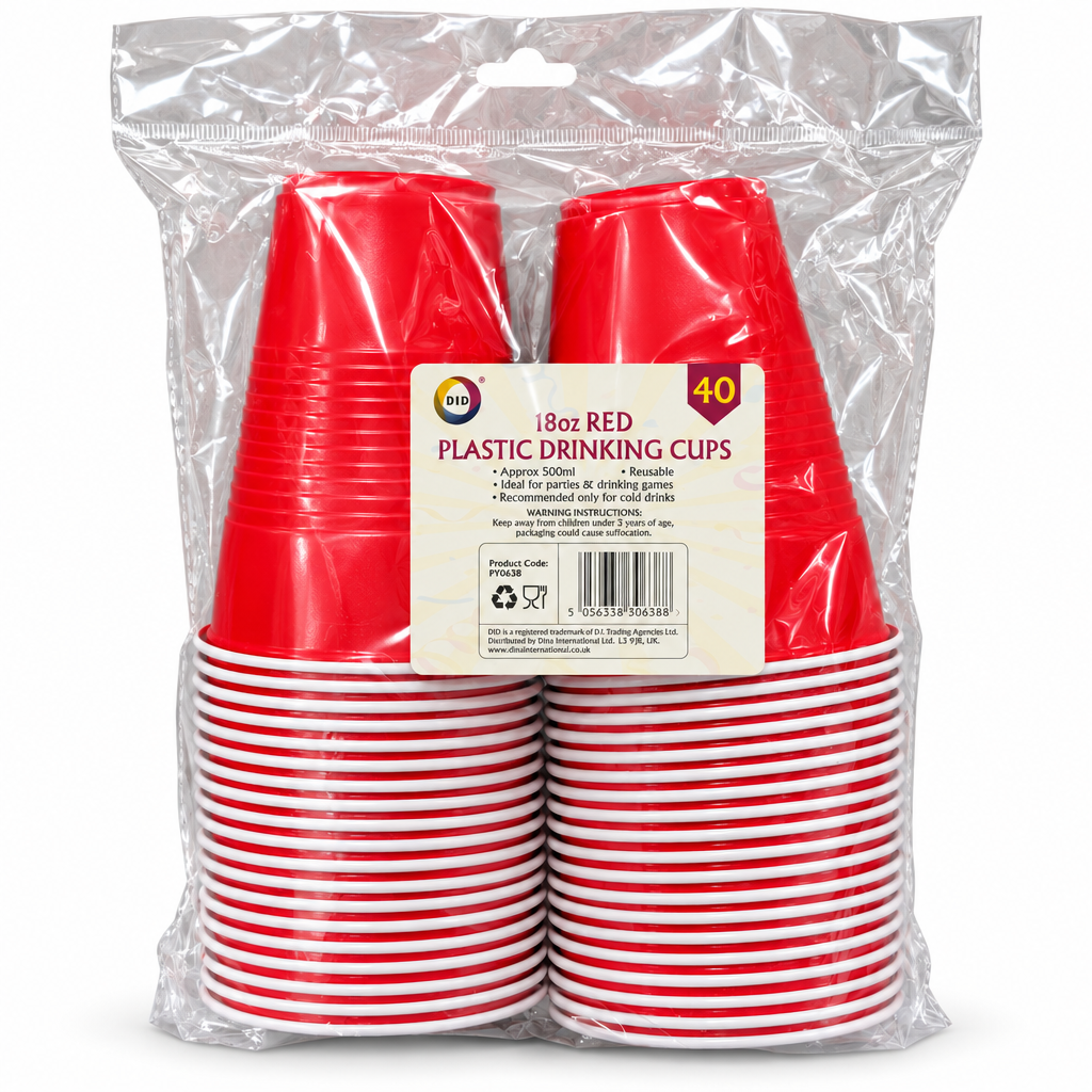 Pack of 40 red plastic cups with white rim in clear packaging