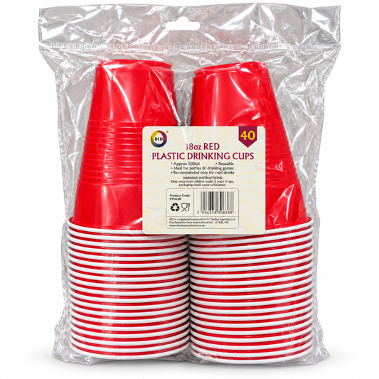 Pack of 40 red plastic cups with white rim in clear packaging