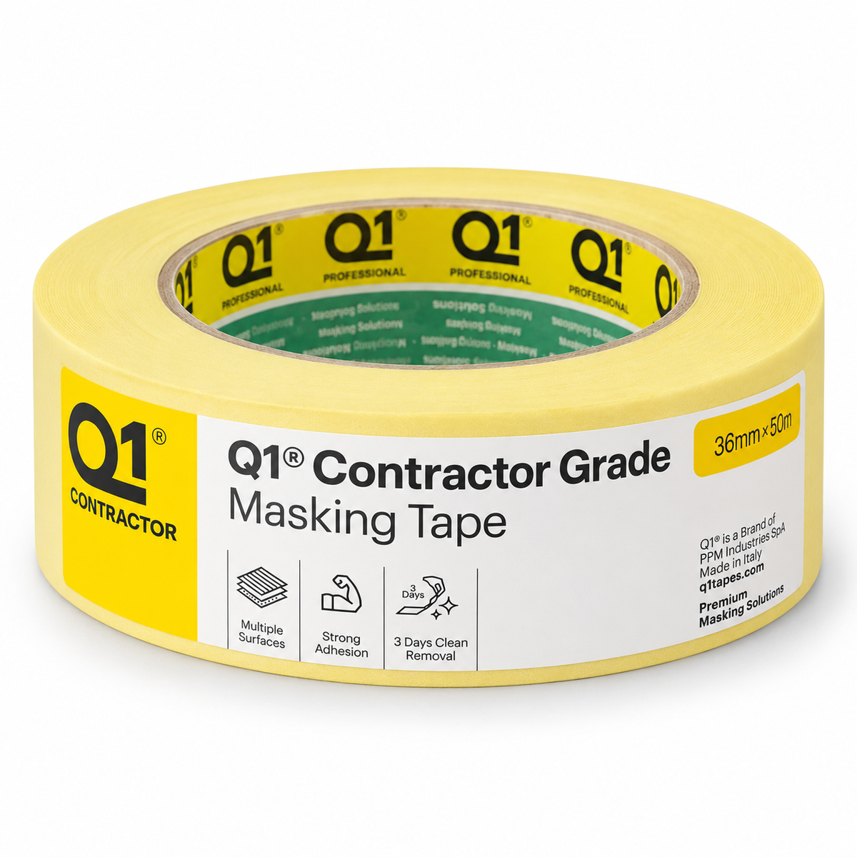 Q1 Contractor Grade Masking Tape 36mm x 50m packaging front view