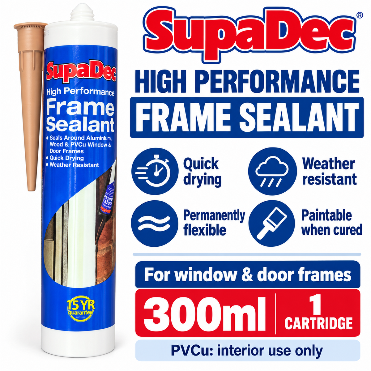 Back view details and features of SupaDec Frame Sealant packaging