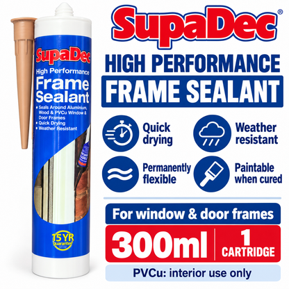 Back view details and features of SupaDec Frame Sealant packaging