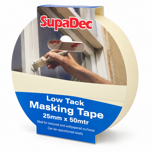SupaDec Low Tack Masking Tape packaging displaying its use for painting.