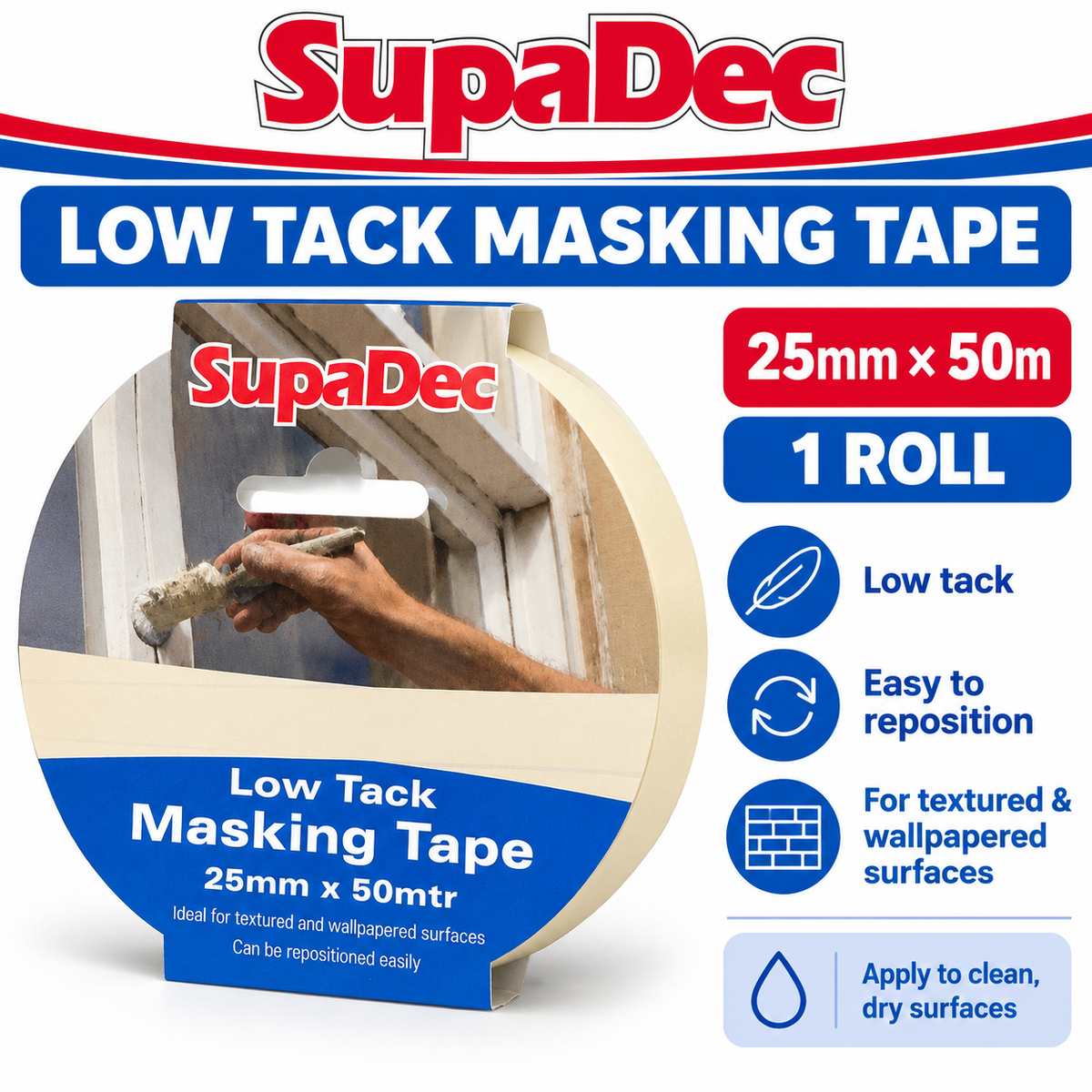 Back of SupaDec Low Tack Masking Tape package with product details.