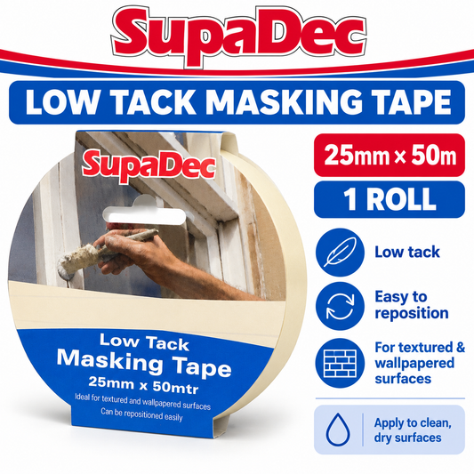 Back of SupaDec Low Tack Masking Tape package with product details.
