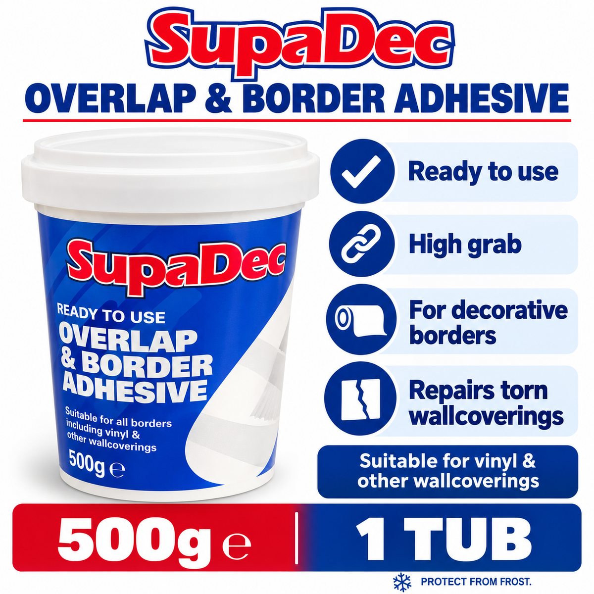 SupaDec Overlap & Border Adhesive 500g packaging information