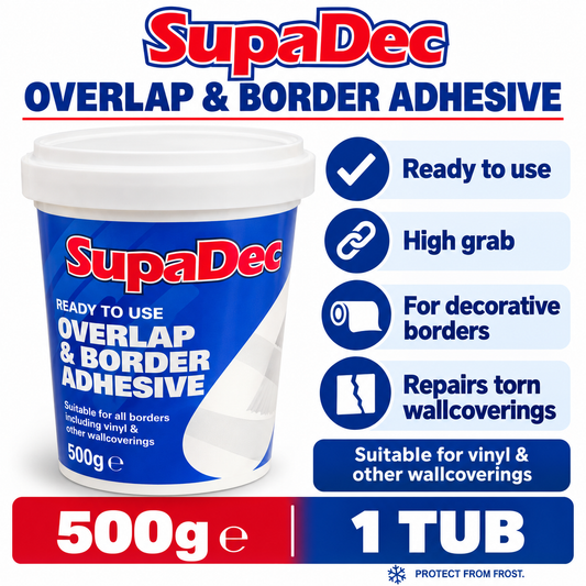 SupaDec Overlap & Border Adhesive 500g packaging information
