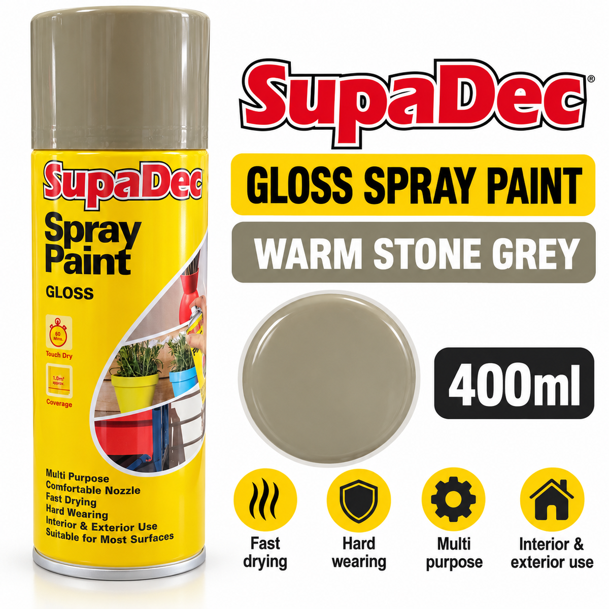 SupaDec Gloss Spray Paint features and colour sample