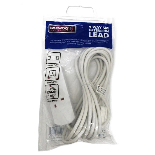 Daewoo 2 Way 5 Metre Cable Extension Lead Power Socket 2M 2 Gang Outlets