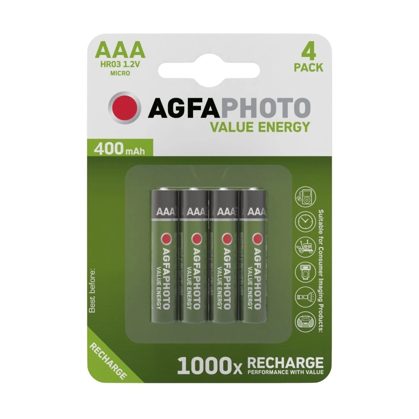 AgfaPhoto Instant Energy AAA Rechargeable Batteries 400mAh 1.2V – 4 Pack Pre-Charged NiMH