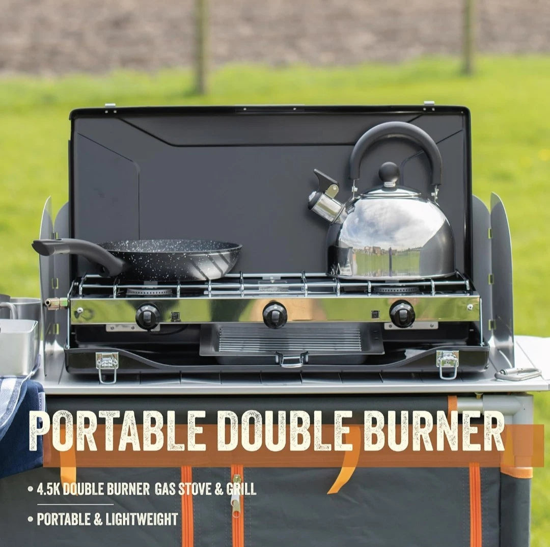 Milestone 14.5kW Double Burner Gas Stove and Grill Portable Black