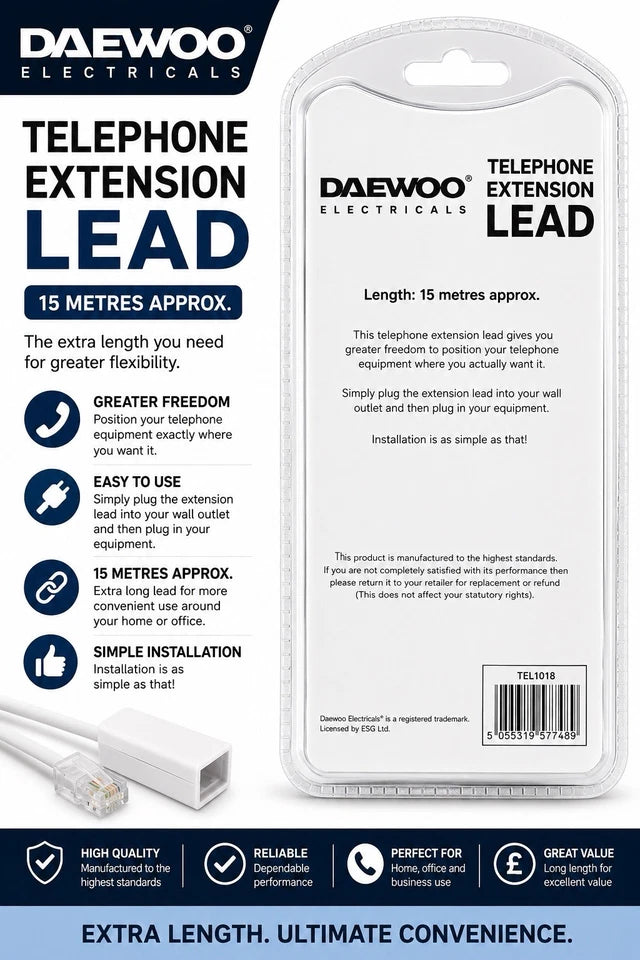 Daewoo 15m Telephone Extension Lead TEL1018 – Long Home &amp; Office Phone Cable