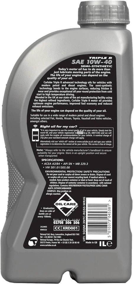 Carlube Triple R 10W-40 Semi Synthetic Engine Oil 1L – Petrol &amp; Diesel Motor Oil